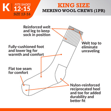King Size Merino Wool Crew Socks (1pr)