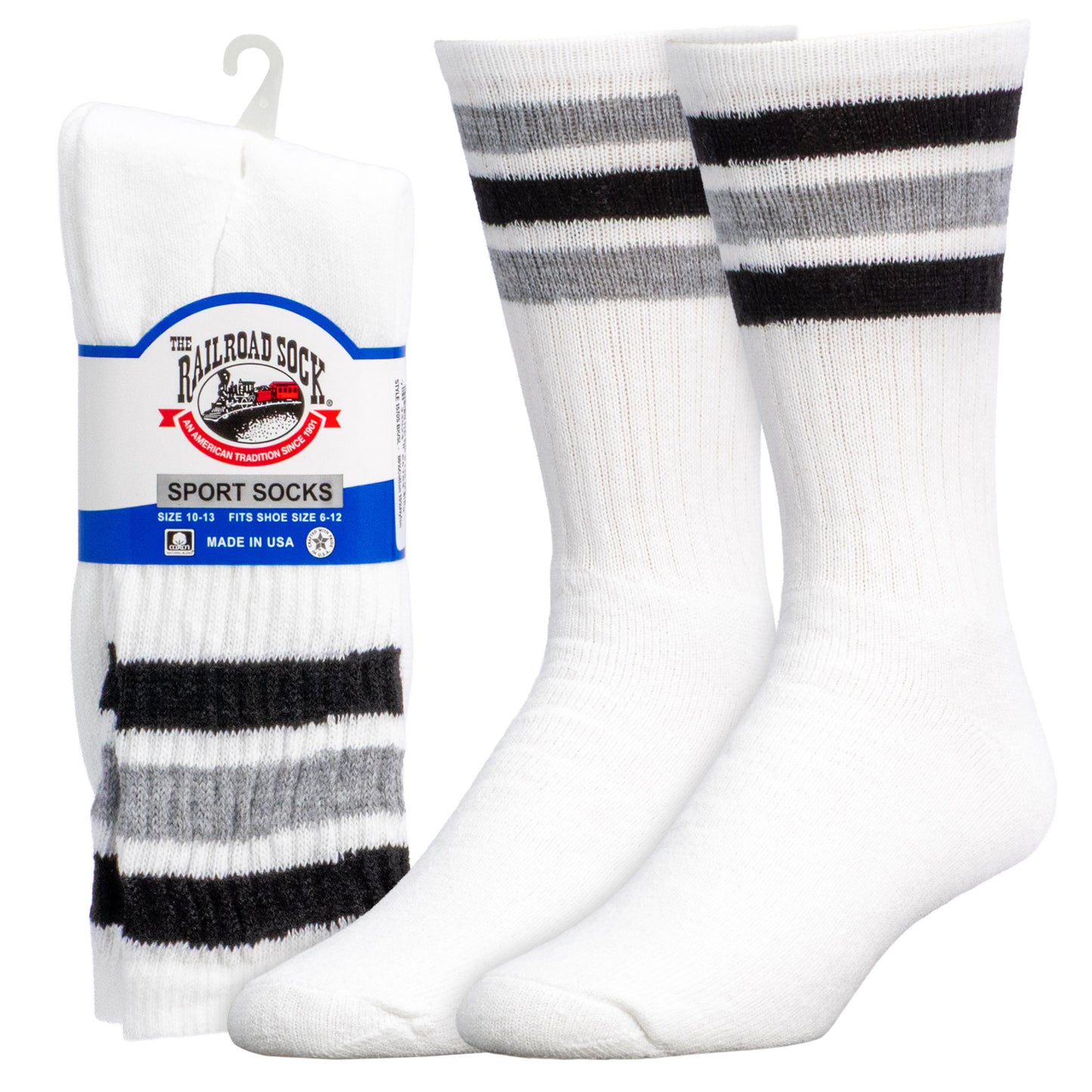 Team Spirit Striped Crew Socks (2pr) - Black/Silver