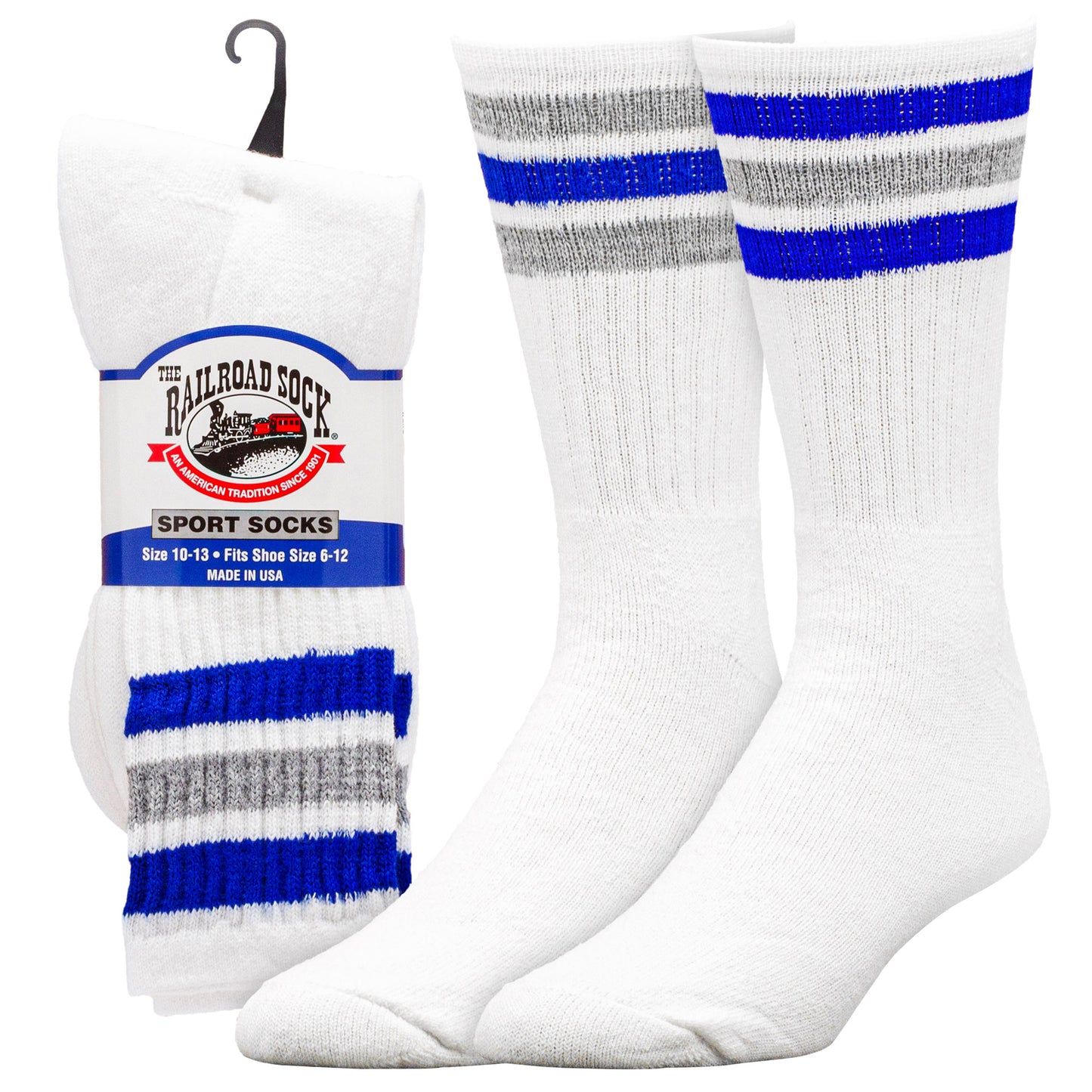 Team Spirit Striped Crew Socks (2pr) - Blue/Silver