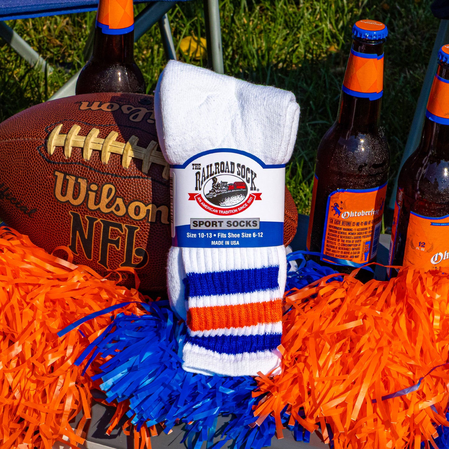 Team Spirit Striped Crew Socks (2pr) - Orange/Blue