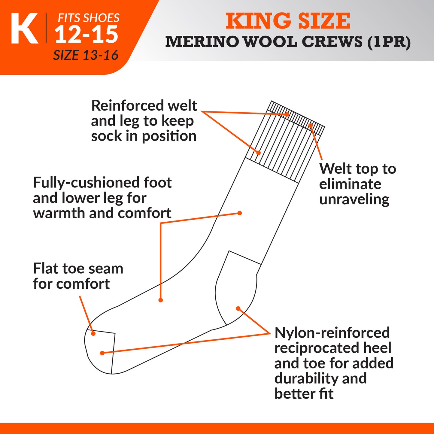 King Size Merino Wool Crew Socks (1pr)