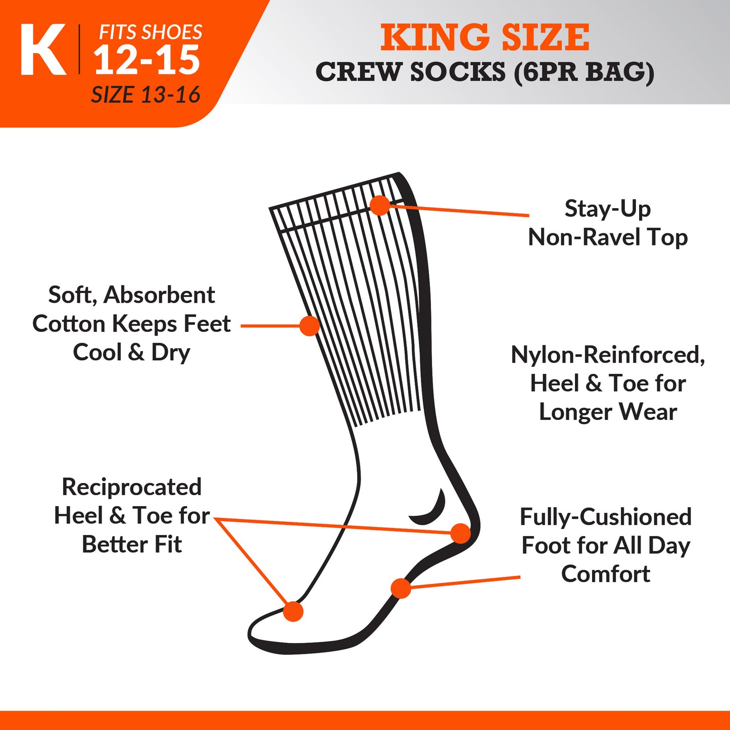 King Size Crew Socks (6pr Bag)