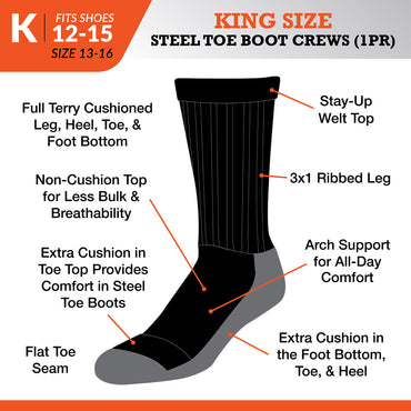 King Size Steel Toe Boot Crew Socks (1pr)