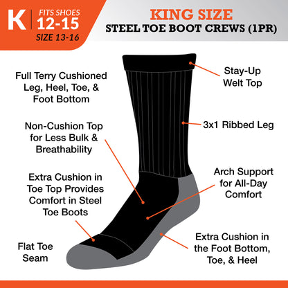 King Size Steel Toe Boot Crew Socks (1pr)