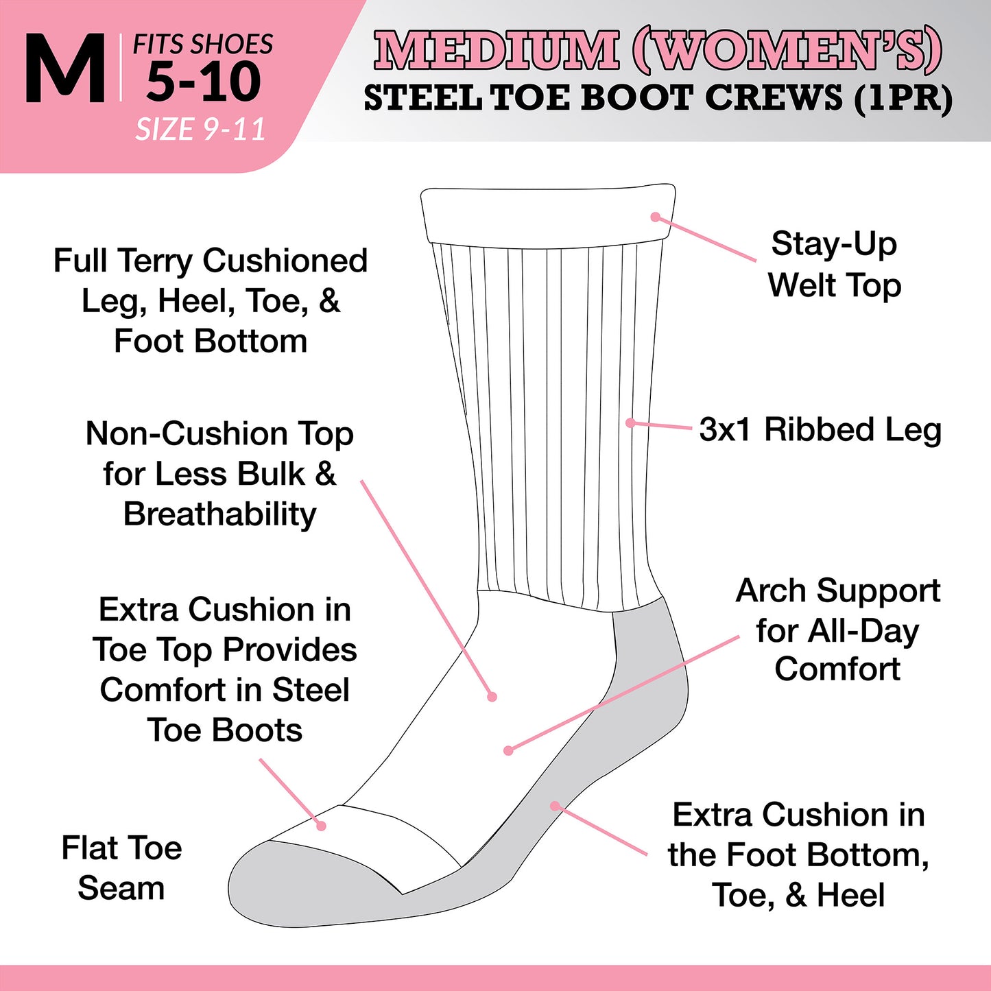 Medium Steel Toe Boot Socks (1pr)